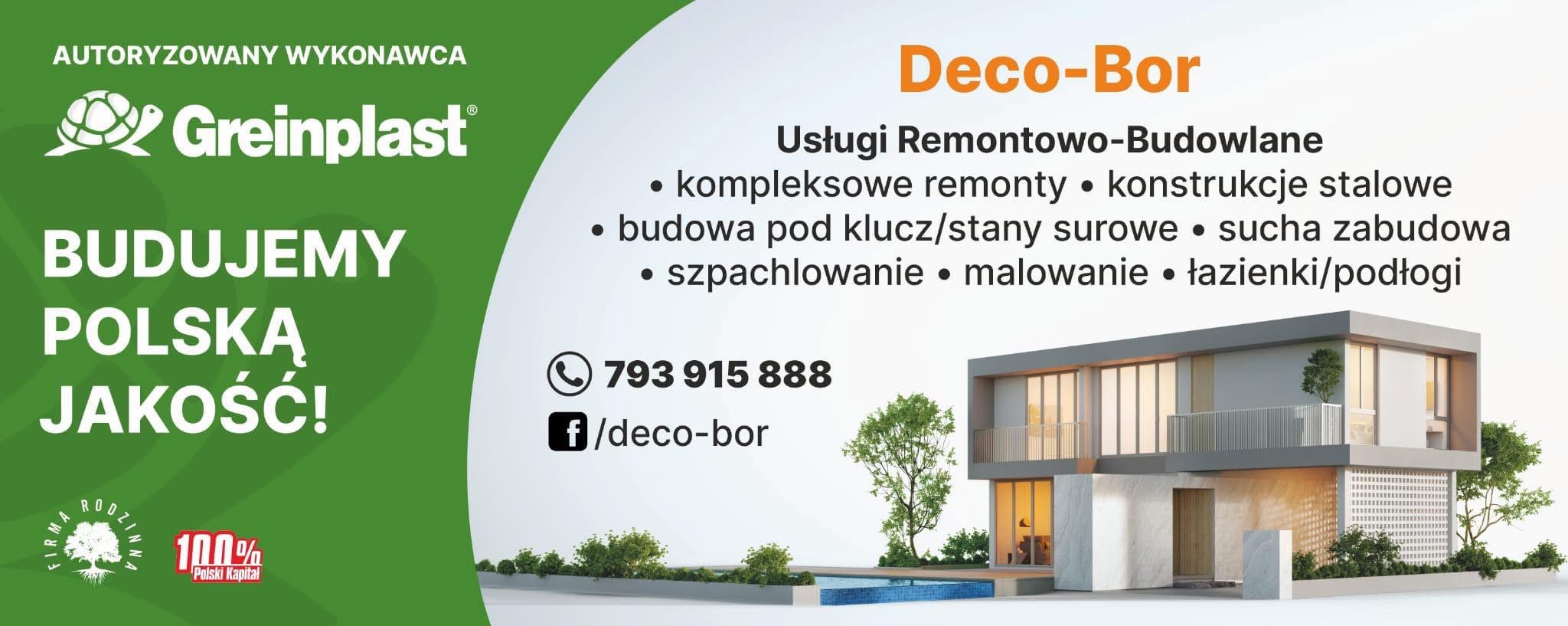 Reklama firmy Deco-Bor oferującej usługi remontowo-budowlane, w tym kompleksowe remonty, konstrukcje stalowe, budowę pod klucz/stany surowe i suchą zabudowę, z wizualizacją nowoczesnego domu...