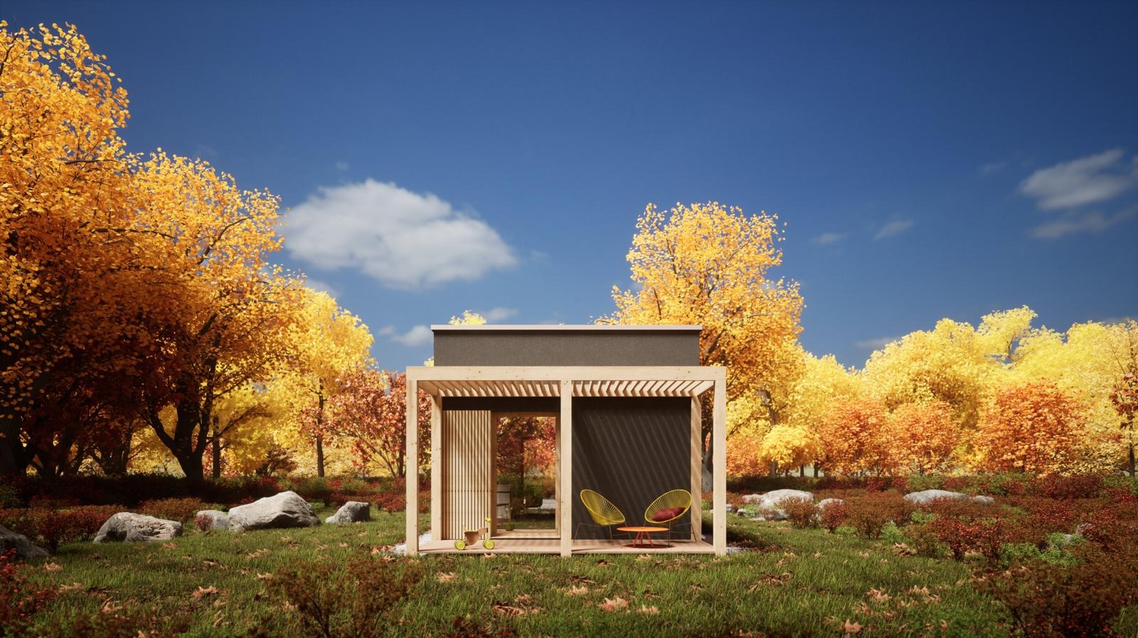 Parterowy dom o powierzchni 35m2 z drewnianą konstrukcją szkieletową, widoczny na tle jesiennego krajobrazu z drzewami o żółtych liściach i błękitnym niebem.