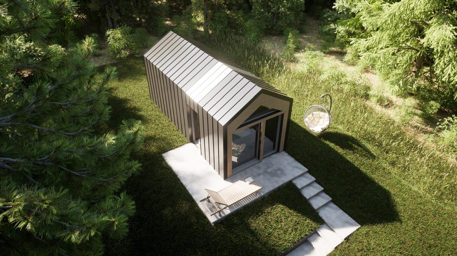 Wizualizacja domku letniskowego 3x7 z blachy trapezowej, otoczonego zielenią, z widocznym krzesłem wiszącym i leżakiem.