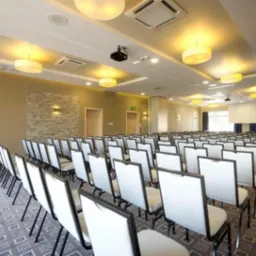 Sala konferencyjna z rzędami białych krzeseł, projektorem sufitowym i dekoracyjnymi panelami ściennymi imitującymi kamień.