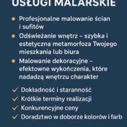 Grafika reklamowa usług malarskich: profesjonalne malowanie ścian, odświeżanie wnętrz, malowanie dekoracyjne. Kontakt: Mikołaj, numer telefonu.