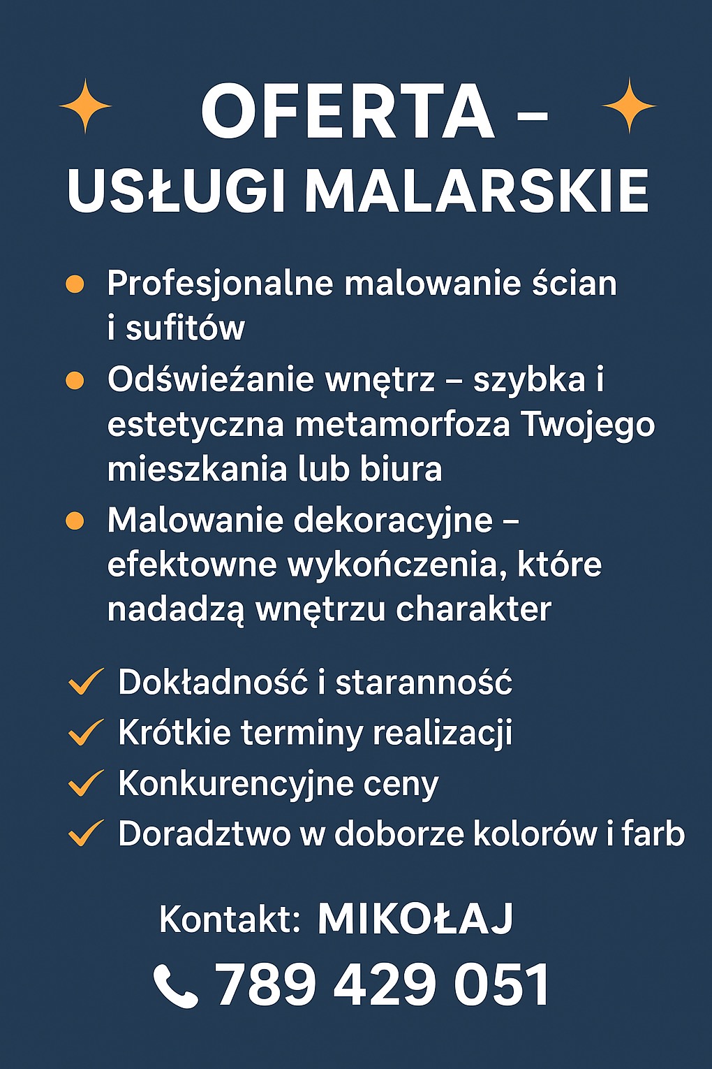 Grafika reklamowa usług malarskich: profesjonalne malowanie ścian, odświeżanie wnętrz, malowanie dekoracyjne. Kontakt: Mikołaj, numer telefonu.