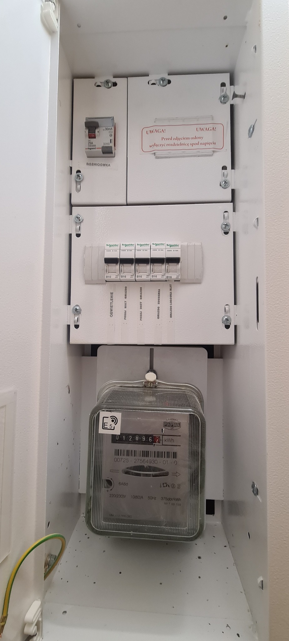 Wnętrze białej skrzynki rozdzielczej z licznikiem energii elektrycznej, bezpiecznikami i wyłącznikiem różnicowoprądowym, widoczne oznaczenia obwodów.