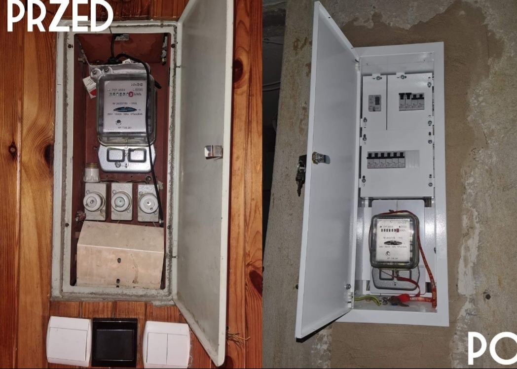 Porównanie stanu licznika elektrycznego przed i po remoncie: stary licznik w drewnianej obudowie z bezpiecznikami topikowymi kontra nowy rozdzielacz z wyłącznikami i odnowiony licznik w białej...