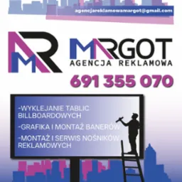 Grafika reklamowa z logotypem MRGOT, numerem telefonu i zakresem usług: wyklejanie tablic, montaż banerów i serwis nośników reklamowych. Sylwetka pracownika na drabinie.
