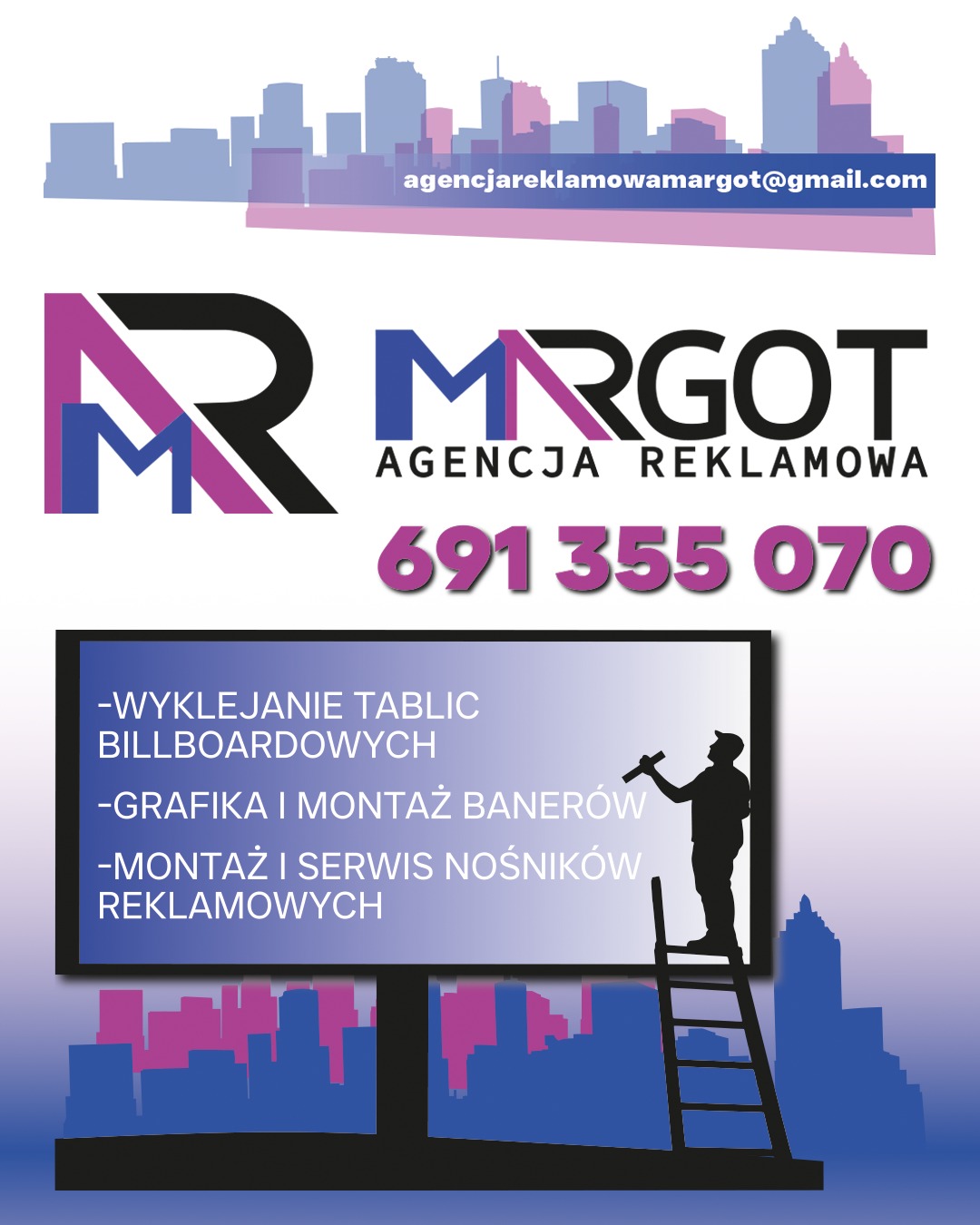 Grafika reklamowa z logotypem MRGOT, numerem telefonu i zakresem usług: wyklejanie tablic, montaż banerów i serwis nośników reklamowych. Sylwetka pracownika na drabinie.