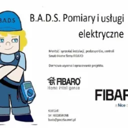 Ilustracja reklamowa firmy B.A.D.S. oferującej usługi elektryczne, w tym montaż i sprzedaż instalacji oraz systemów Smart Home Fibaro, z rysunkową postacią elektryka i logotypami firmy Fibaro.