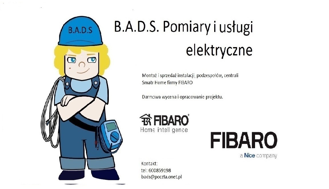 Ilustracja reklamowa firmy B.A.D.S. oferującej usługi elektryczne, w tym montaż i sprzedaż instalacji oraz systemów Smart Home Fibaro, z rysunkową postacią elektryka i logotypami firmy Fibaro.