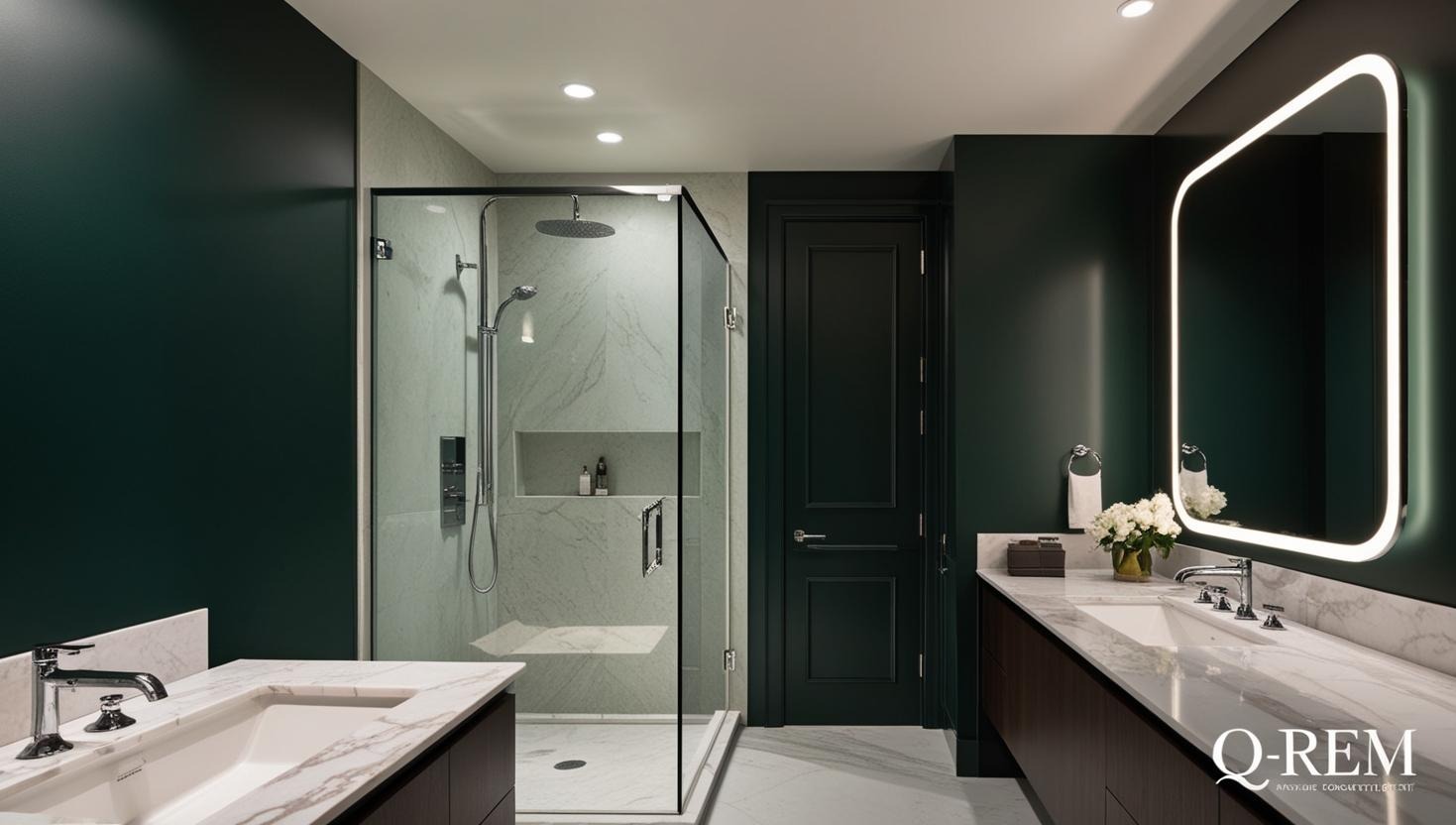 Nowoczesna łazienka z kabiną prysznicową typu walk-in, marmurowymi blatami i podłogą, zielonymi ścianami oraz podświetlanym lustrem. Widoczny fragment logo firmy Q-REM w prawym dolnym rogu.