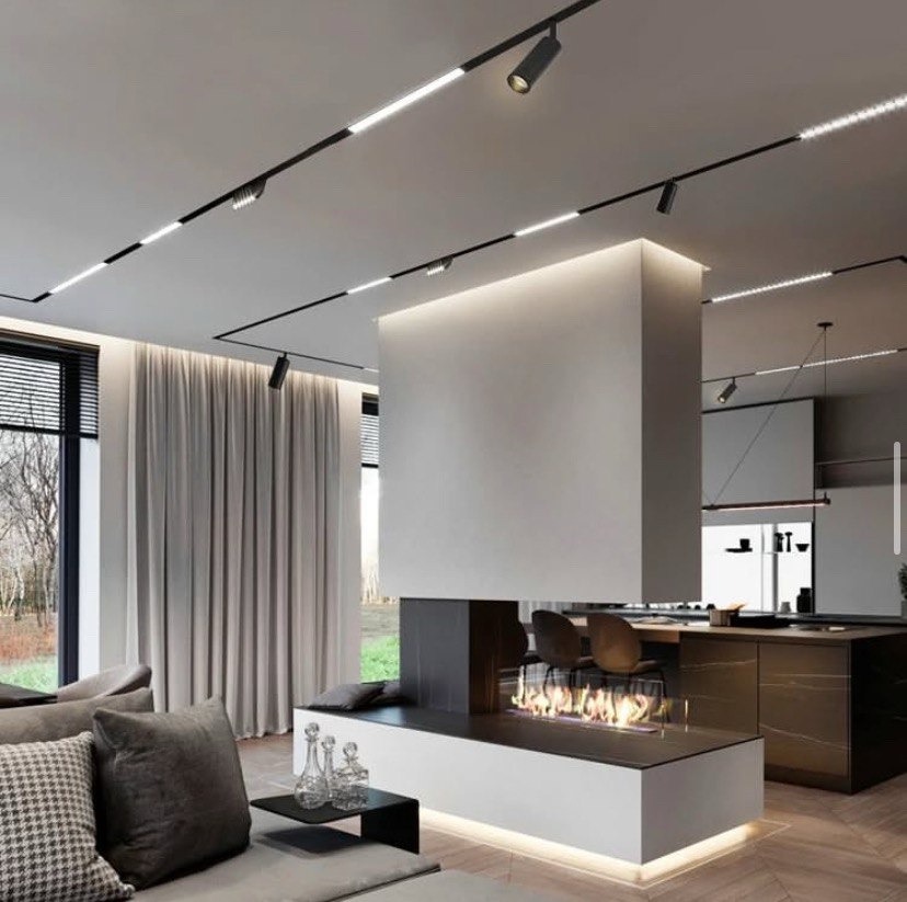 Nowoczesny salon z oświetleniem szynowym: czarne reflektory i listwy LED na suficie, minimalistyczny kominek, okno z zasłonami i widok na zieleń.