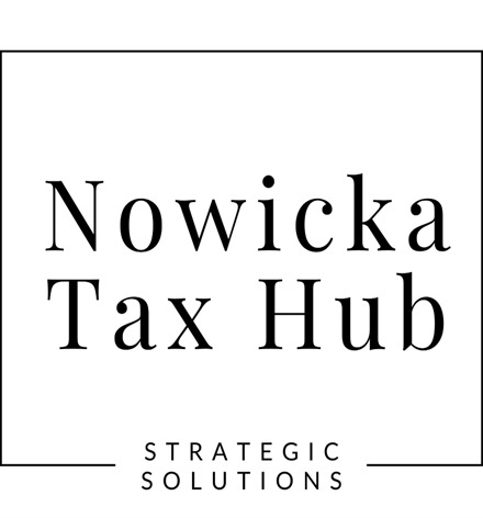 Logo firmy Nowicka Tax Hub Strategic Solutions w czarnej ramce na białym tle.