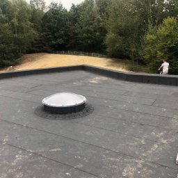 Diza Golden Company - Płaski dach pokryty czarną papą z zamontowanym świetlikiem kopułkowym; w tle widoczny pracownik na drabinie oraz zalesiony teren.