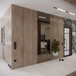 Nowoczesne wnętrze z drewnianą zabudową, przesuwnymi drzwiami i rośliną doniczkową na tle tapety w motywy leśne, uzupełnione minimalistycznym oświetleniem.