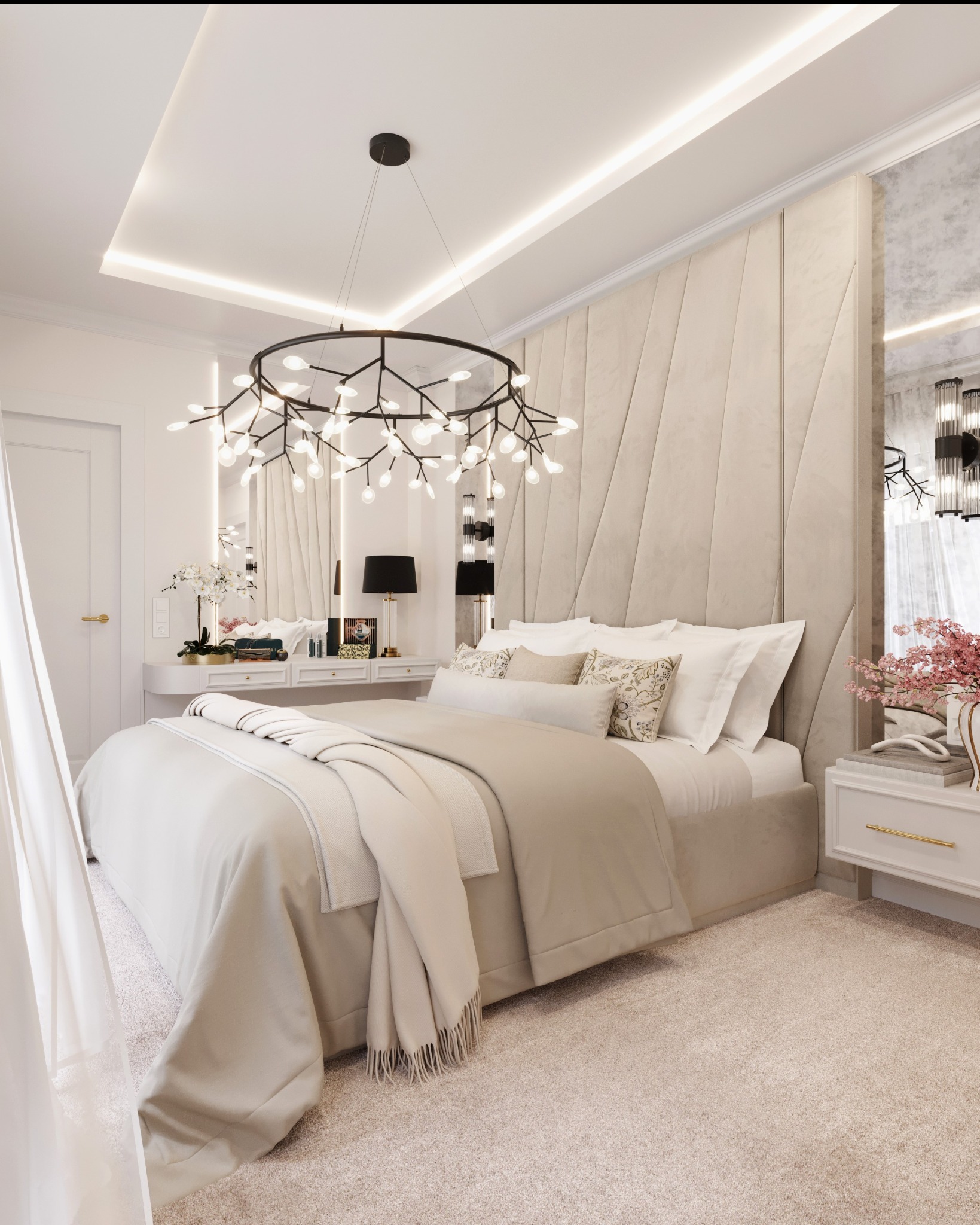 Jasna sypialnia z łóżkiem, tapicerowanym wezgłowiem w geometryczne wzory, designerską lampą sufitową przypominającą gałęzie i toaletką z lustrem podświetlanym LED.