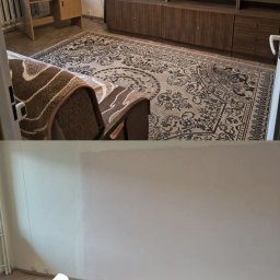 RAFPOLSPEED P.H.U. TRANSPORTOWE Rafał Pazik - Zdjęcie typu 'przed i po' przedstawiające pokój: górna część pokazuje umeblowane pomieszczenie z dywanem, meblami i biurkiem, a dolna część ukazuje puste, odświeżone wnętrze z parkietem...