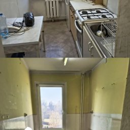 RAFPOLSPEED P.H.U. TRANSPORTOWE Rafał Pazik - Porównanie kuchni w Czechowice-Dziedzice przed i po remoncie: widok na wnętrze przed demontażem mebli i sprzętów oraz po usunięciu wyposażenia, z przygotowaniem do dalszych prac wykończeniowych.