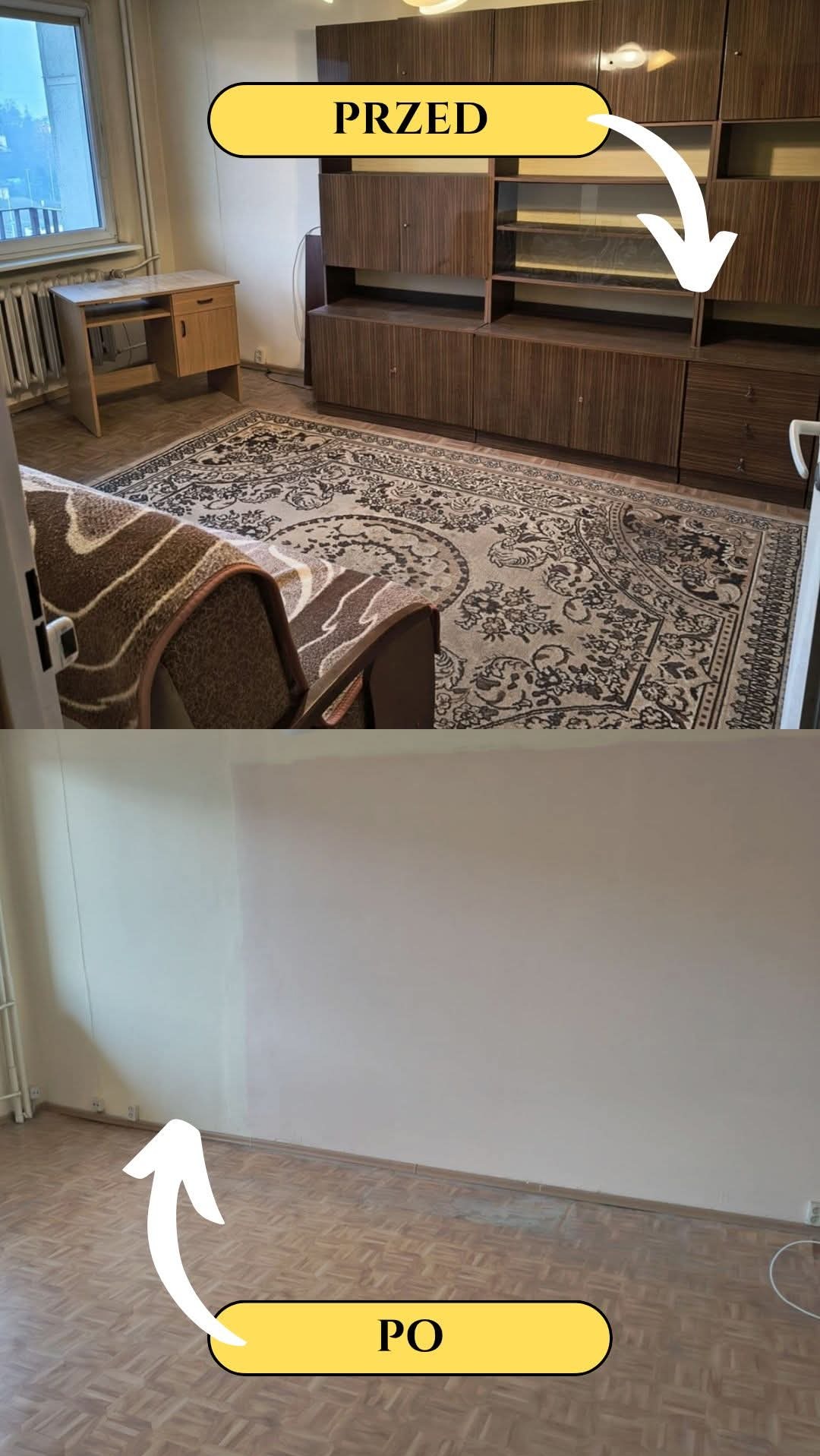 Zdjęcie typu 'przed i po' przedstawiające pokój: górna część pokazuje umeblowane pomieszczenie z dywanem, meblami i biurkiem, a dolna część ukazuje puste, odświeżone wnętrze z parkietem...