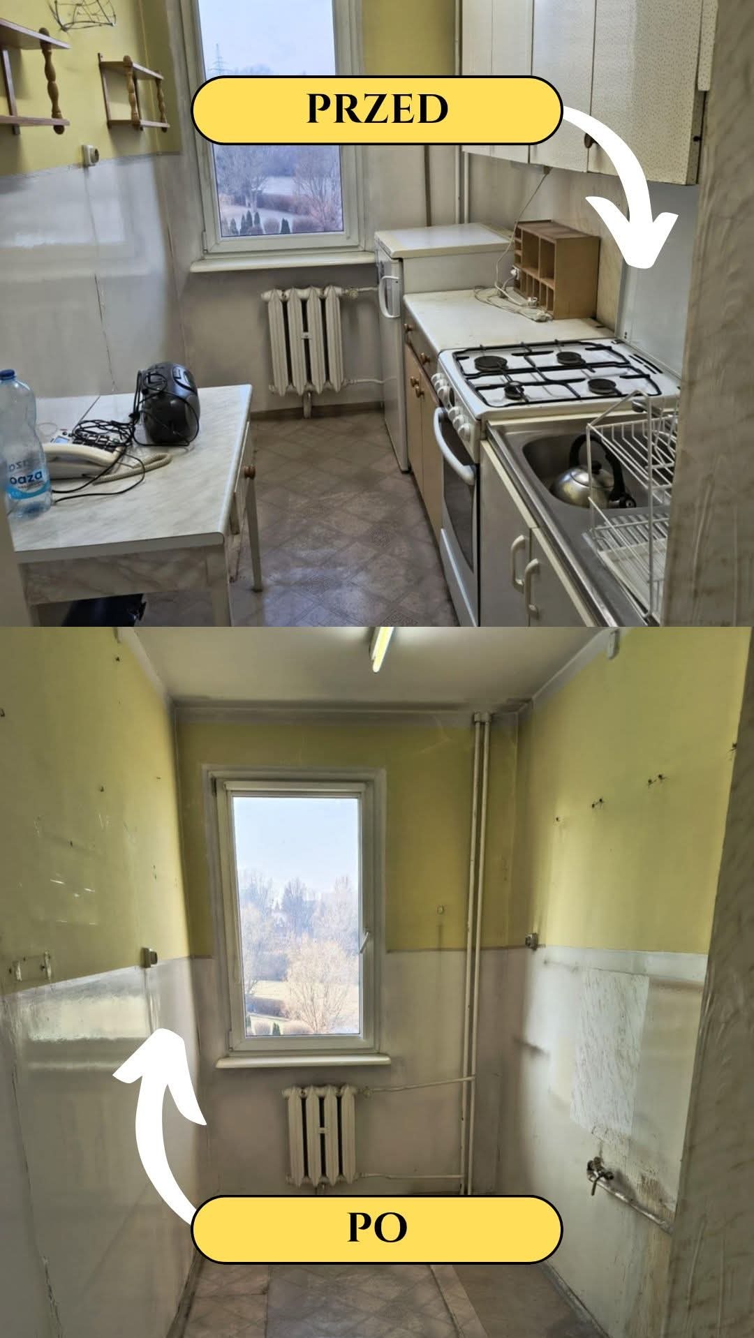 Porównanie kuchni w Czechowice-Dziedzice przed i po remoncie: widok na wnętrze przed demontażem mebli i sprzętów oraz po usunięciu wyposażenia, z przygotowaniem do dalszych prac wykończeniowych.