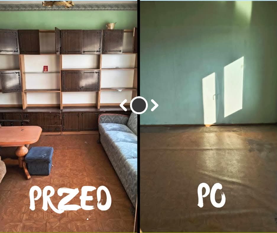 Porównanie stanu pokoju przed i po: po lewej stronie pokój z meblami, dywanem i stołem, po prawej stronie puste pomieszczenie z gołymi ścianami i podłogą.