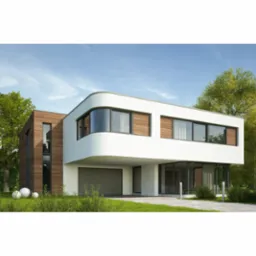 Nowoczesny dom jednorodzinny z białymi ścianami i drewnianą elewacją, z dużymi oknami i bramą garażową, otoczony zielenią w słoneczny dzień.