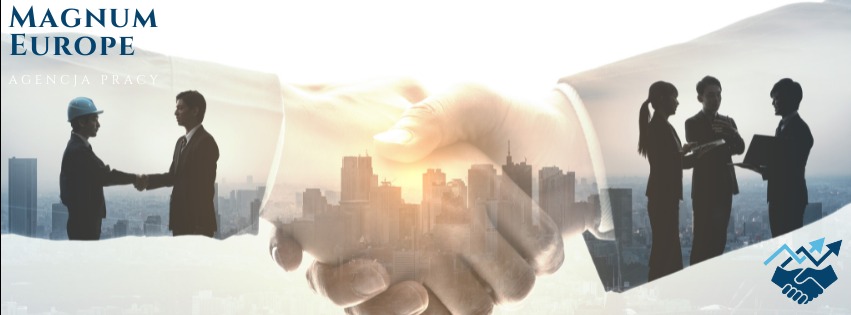 Stylizowane ujęcie dłoni ściskających się na tle panoramy miasta, z nałożonymi sylwetkami osób w biznesowych strojach i pracownika w kasku, symbolizujące współpracę i partnerstwo.