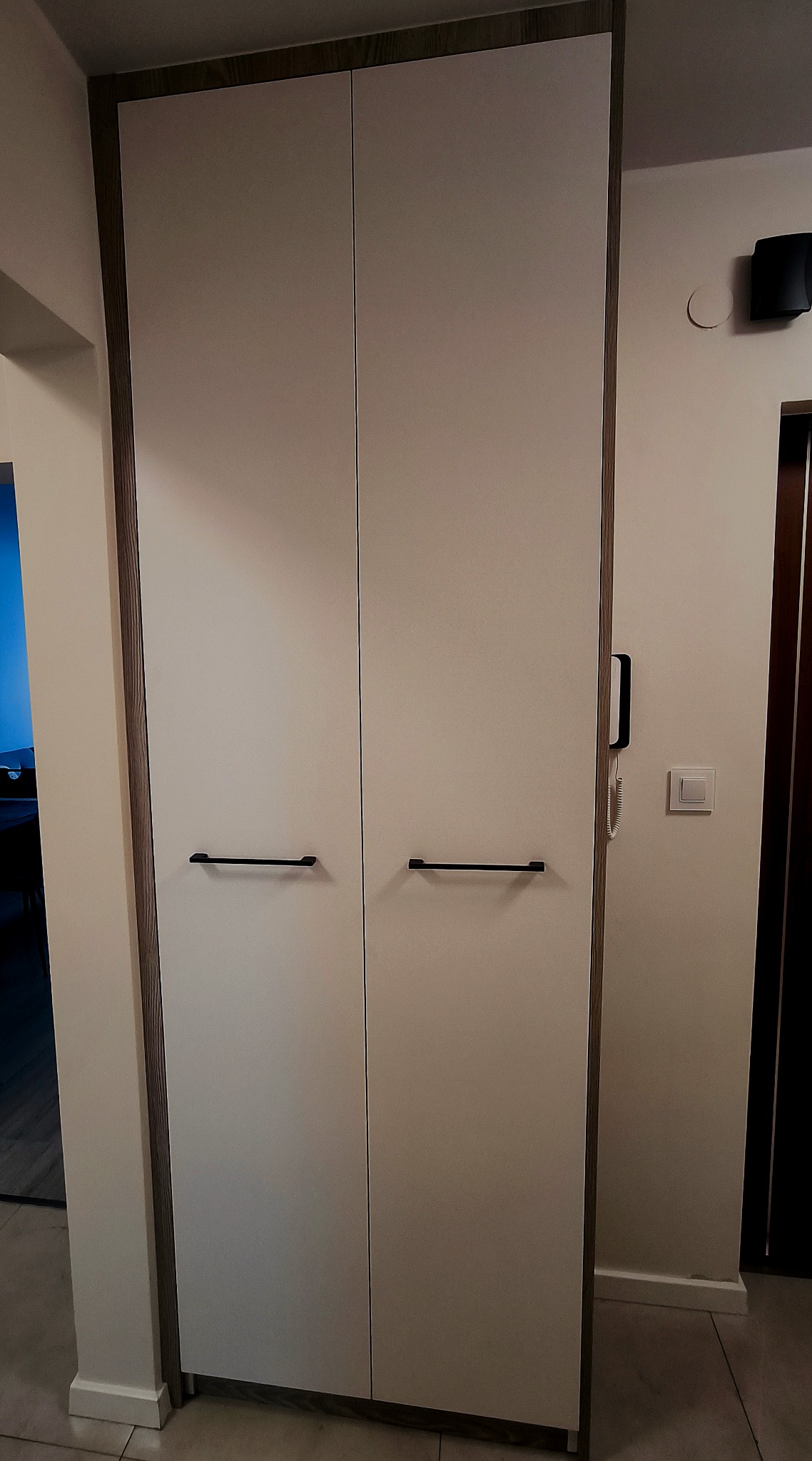 Dwudrzwiowa szafa wnękowa z białymi frontami i drewnianymi obramowaniami, czarne, podłużne uchwyty, widoczny fragment korytarza z drzwiami.