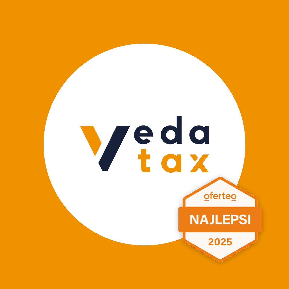 Logo firmy Veda Tax z nagrodą Oferteo Najlepsi 2025. Ciemnogranatowe 'V' i pomarańczowe 'tax' na białym tle, na pomarańczowym tle.