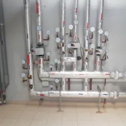 Izolowane rury instalacji grzewczej z manometrami, zaworami i oznaczeniami przepływu, zamontowane na ścianie w pomieszczeniu technicznym.