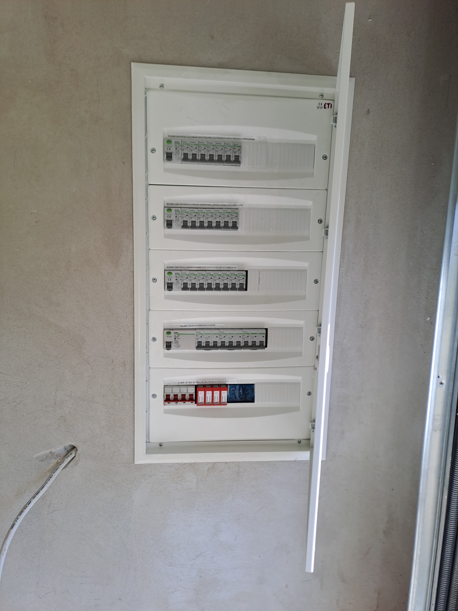 Rozdzielnica elektryczna ETI w ścianie z widocznymi zabezpieczeniami różnicowoprądowymi i nadprądowymi. Otwarta osłona skrzynki. Szara, surowa ściana w tle.