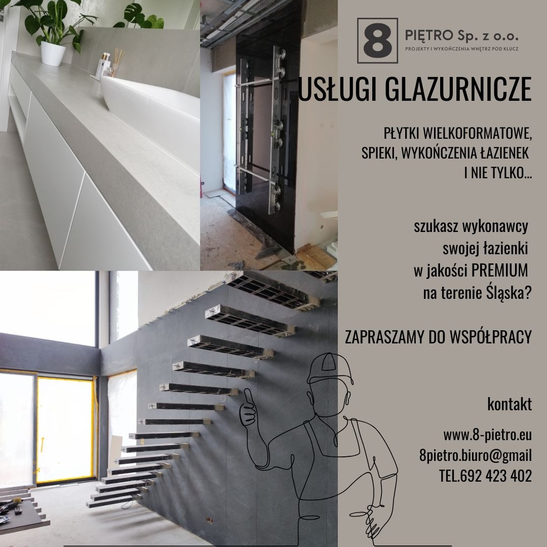 Kompozycja z fragmentami realizacji glazurniczych: łazienka z umywalką, wykończenie ściany płytami wielkoformatowymi, schody. Grafika z ofertą firmy.