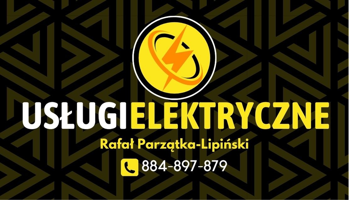 Logo firmy świadczącej usługi elektryczne, z żółtym symbolem błyskawicy w okręgu, białym napisem 'USŁUGI ELEKTRYCZNE', imieniem i nazwiskiem oraz numerem telefonu na czarnym tle z geometrycznym...
