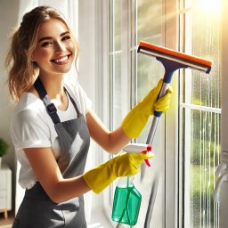 F.U BLASK CZYSTOŚCI PAULINA CHĄDZYŃSKA - Uśmiechnięta kobieta w żółtych rękawicach i szarym fartuchu czyści okno za pomocą ściągaczki i spryskiwacza z zielonym płynem, widoczne smugi wody na szybie, jasne światło słoneczne w tle.