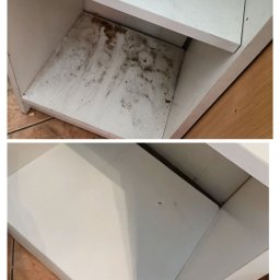 F.U BLASK CZYSTOŚCI PAULINA CHĄDZYŃSKA - Dwa ujęcia wnętrza białej szafki przed sprzątaniem. Na dolnym ujęciu szafka jest pusta i czysta, a na górnym widać zabrudzenia i resztki na półce.