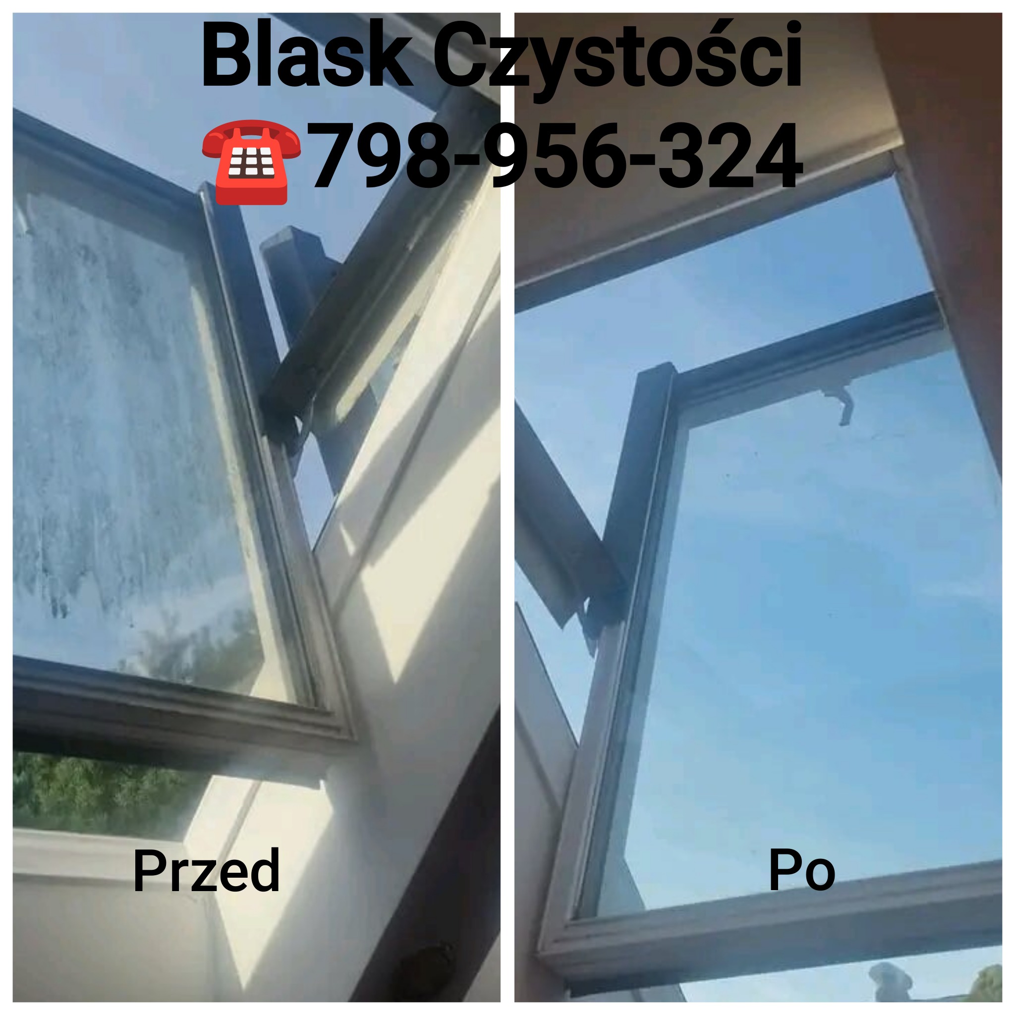 Okno dachowe podzielone na dwie części, z lewej strony widoczne zabrudzenia przed myciem, z prawej czyste po umyciu, na górze nazwa firmy i numer telefonu.