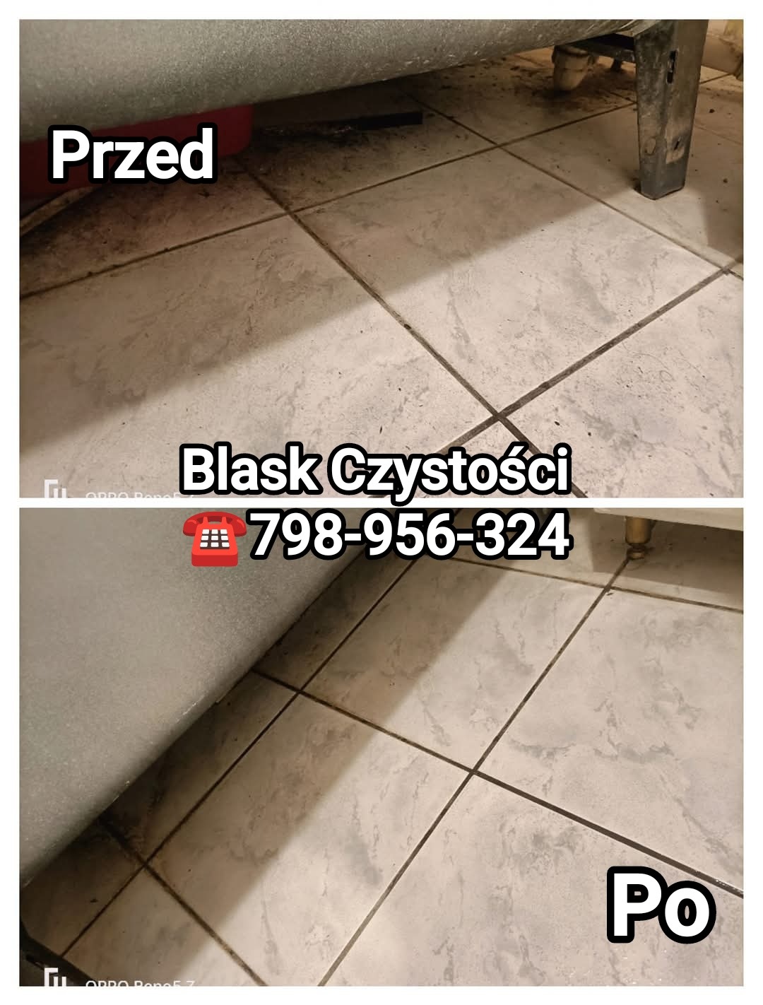 Porównanie stanu podłogi pod wanną przed i po czyszczeniu, widoczne różnice w czystości fug i płytek, z uwzględnieniem numeru telefonu firmy sprzątającej.