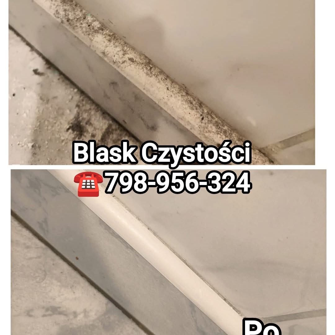 Porównanie stanu fugi przy wannie przed i po czyszczeniu, widoczne usunięcie pleśni i zabrudzeń w górnej części zdjęcia i czysta fuga w dolnej części zdjęcia.