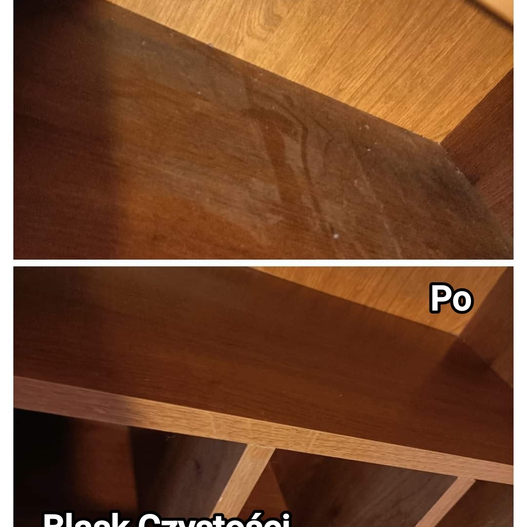 Porównanie 'przed' i 'po' czyszczenia drewnianej półki, widoczne smugi i plamy usunięte, dolne zdjęcie z napisem 'Po' i logo firmy.