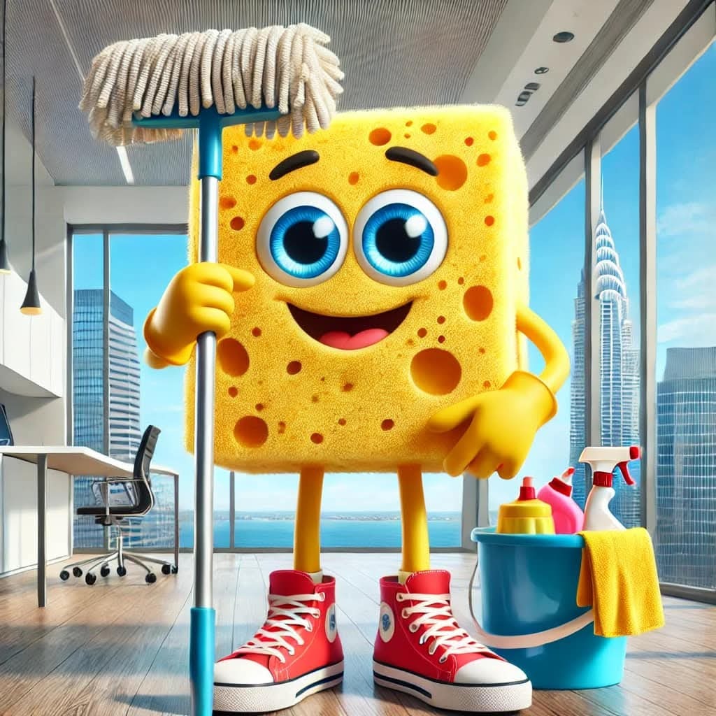 Animowana gąbka z mopem i wiadrem środków czystości w biurze z widokiem na drapacze chmur.