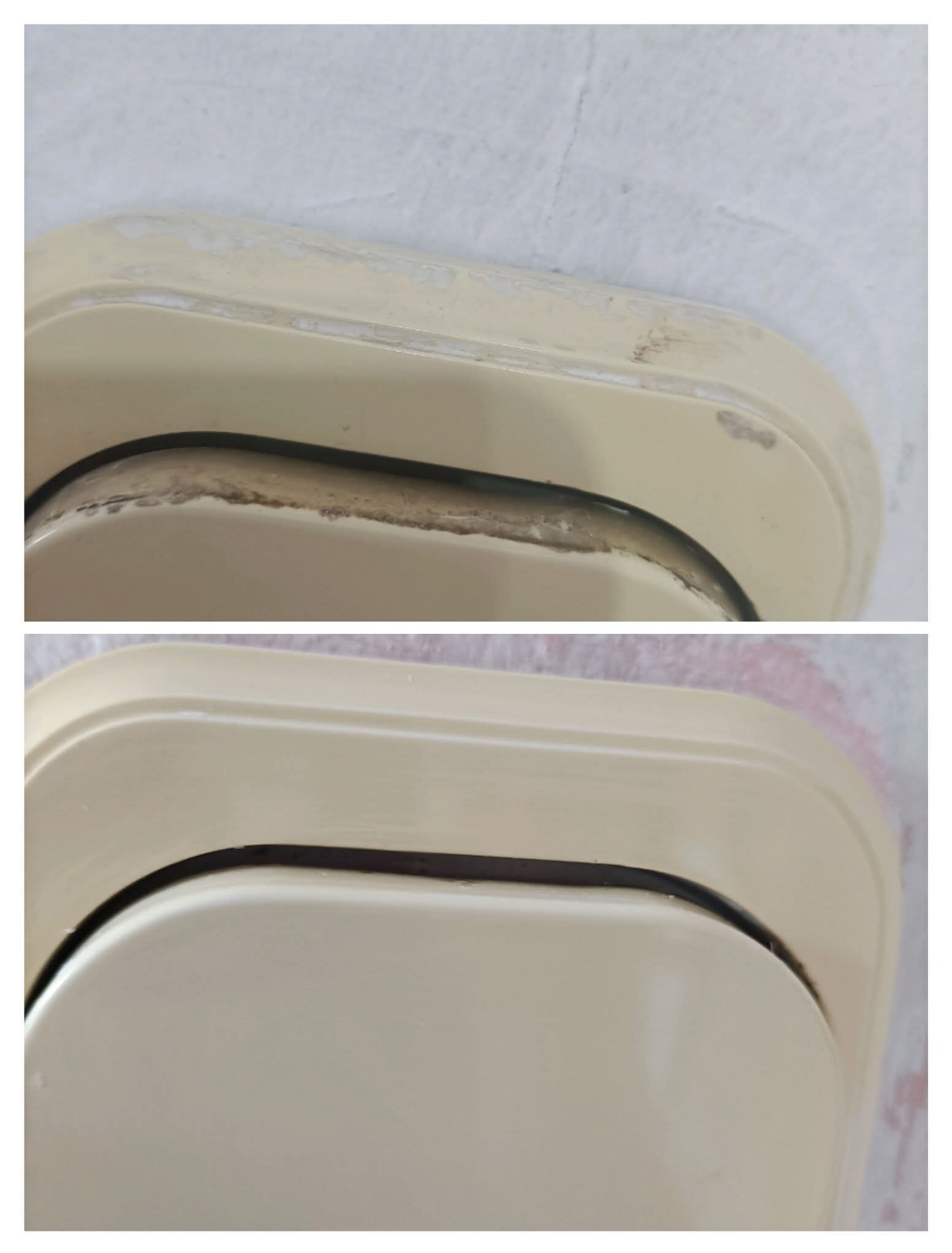 Porównanie stanu włącznika światła przed i po czyszczeniu: widoczna różnica w usunięciu zabrudzeń i osadów wokół ramki i przycisku.