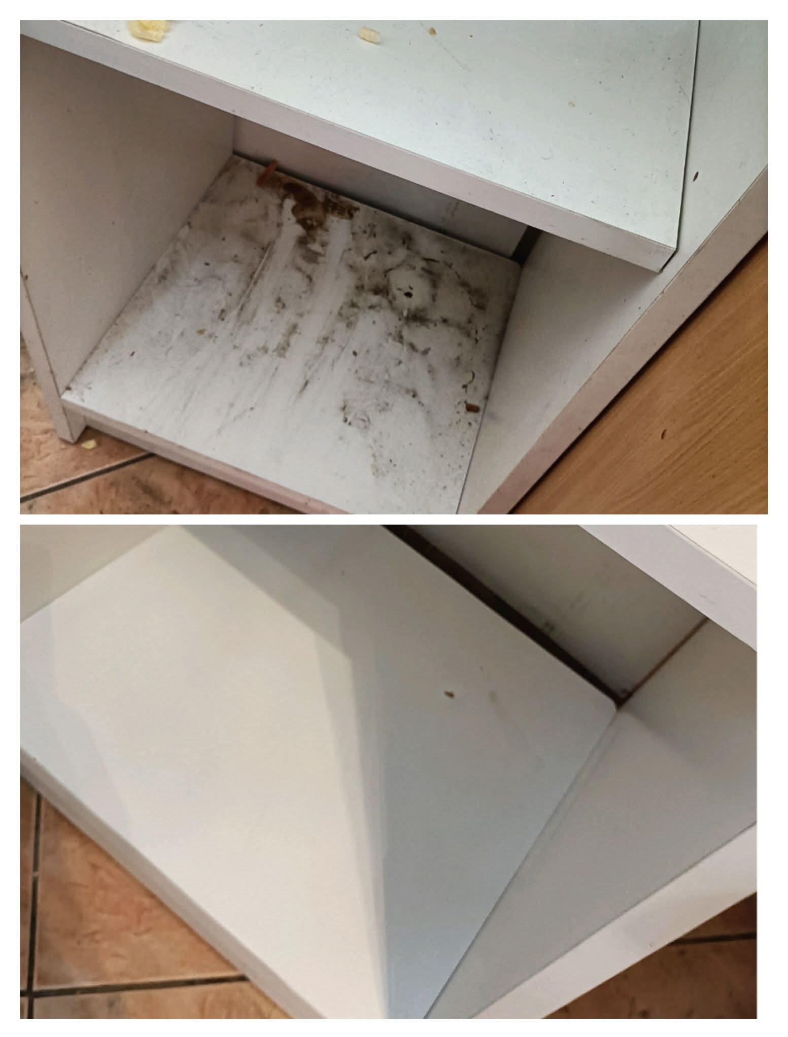 Dwa ujęcia wnętrza białej szafki przed sprzątaniem. Na dolnym ujęciu szafka jest pusta i czysta, a na górnym widać zabrudzenia i resztki na półce.