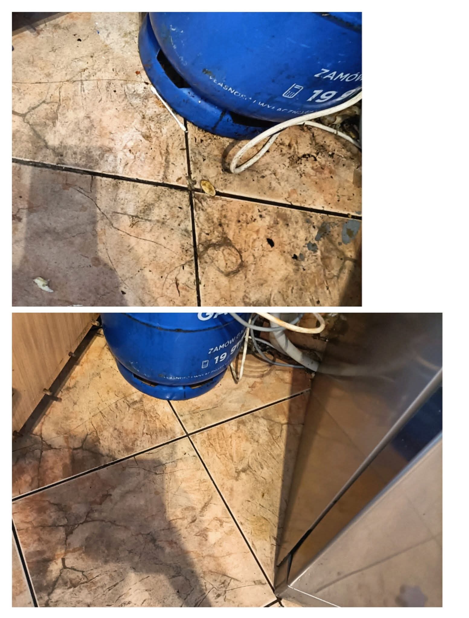 Brudna, marmurkowa podłoga z resztkami jedzenia i kurzu, częściowo zakryta przez niebieską butlę gazową z numerem 19, widoczne przewody i krawędź metalowej szafki.