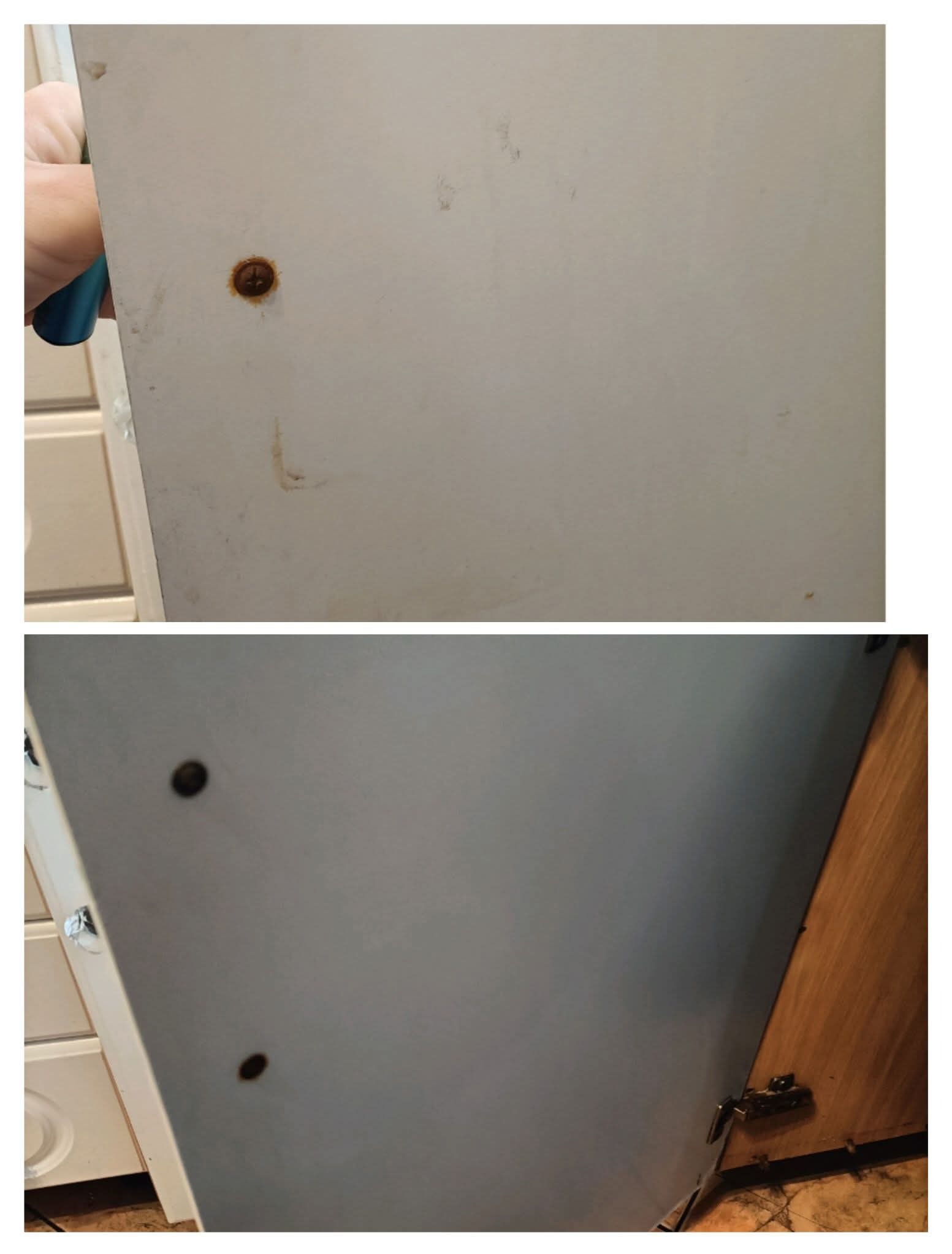 Dwa ujęcia drzwi szafki przed i po czyszczeniu, widoczne ślady rdzy wokół śrub oraz plamy, które zniknęły po zabiegu.