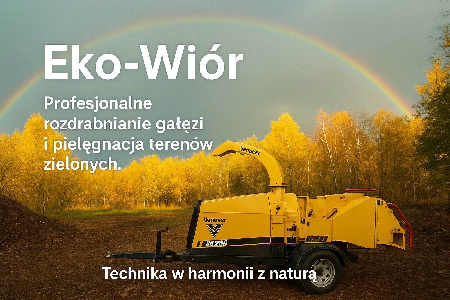 Żółty rozdrabniacz gałęzi Vermeer BS-200 na tle jesiennego lasu i tęczy. Sprzęt do pielęgnacji zieleni z hasłem 'Technika w harmonii z naturą'.