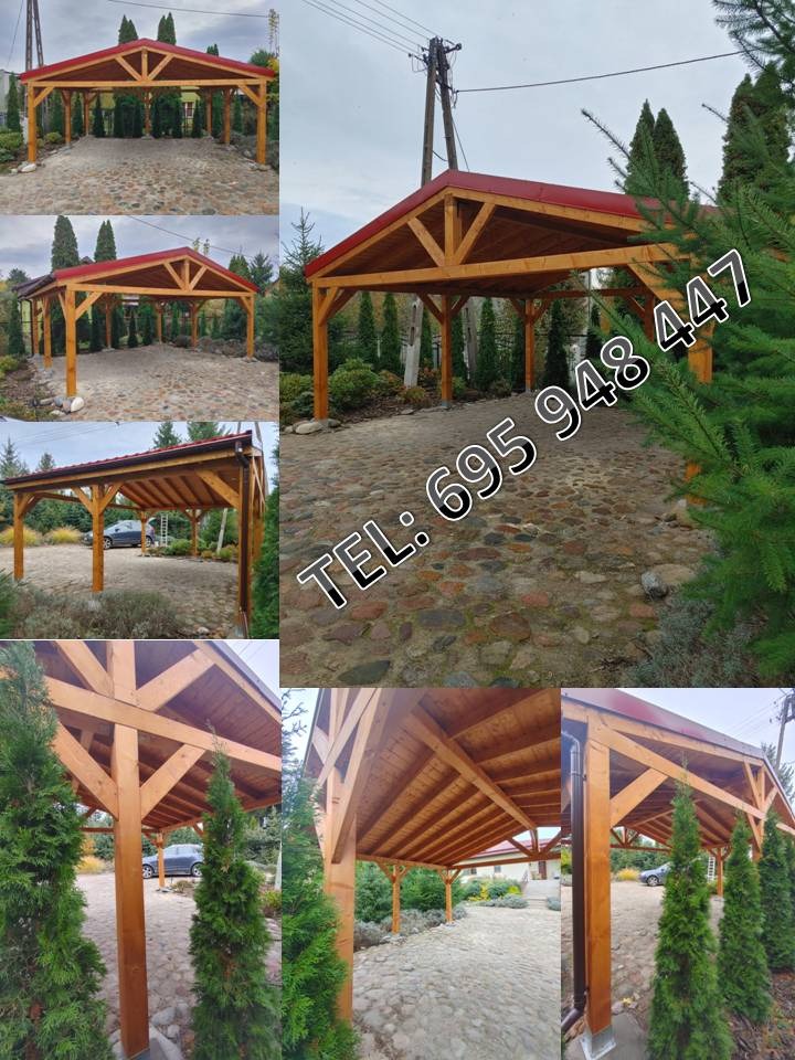 Drewniana wiata garażowa z czerwonym dachem, widok z różnych perspektyw, otoczona zielenią. Kamienna nawierzchnia pod wiatą. Na zdjęciu numer telefonu kontaktowego.