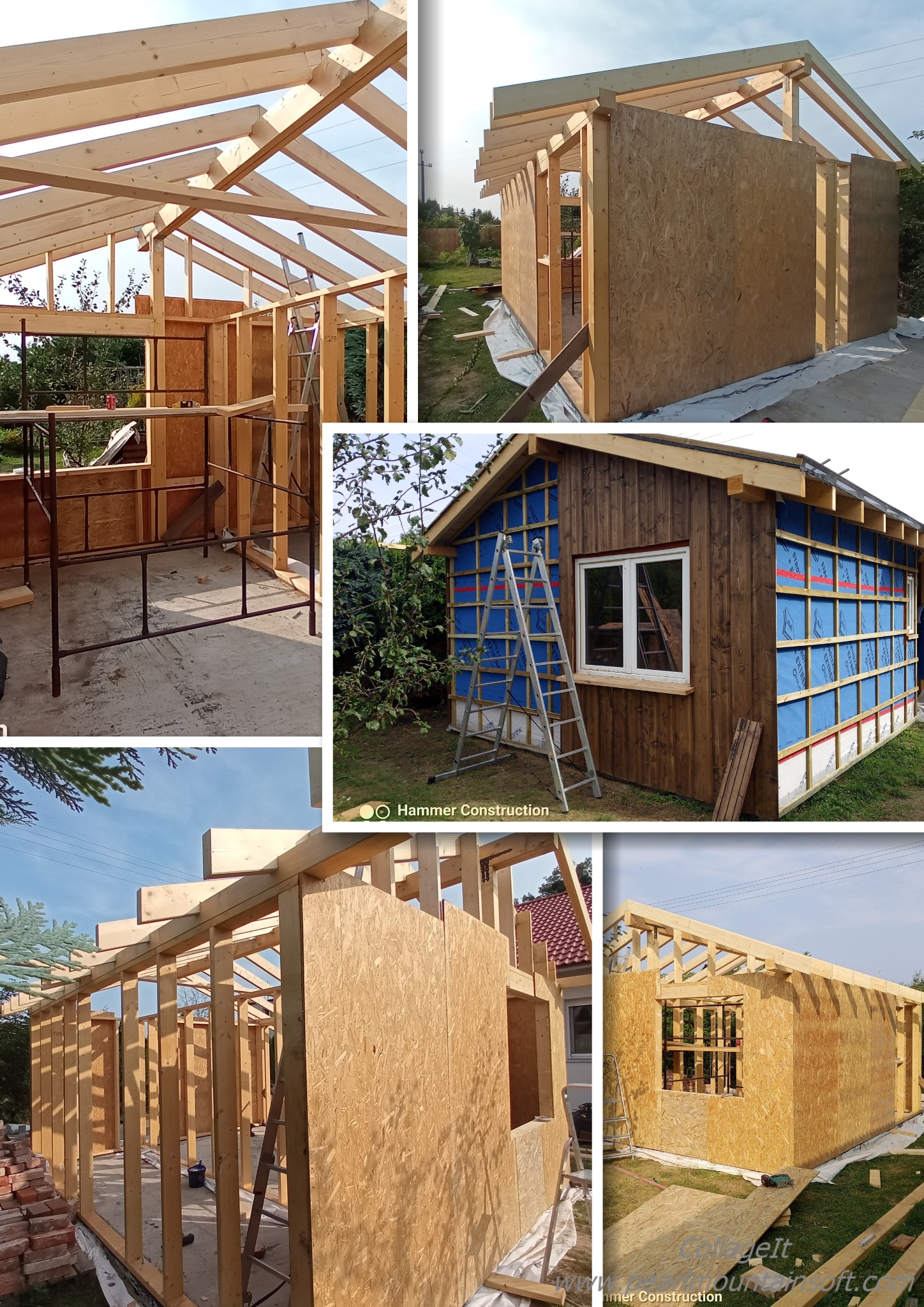 Montaż szkieletu drewnianego budynku gospodarczego z płyt OSB. Widoczne etapy budowy, konstrukcja dachu, ściany z oknem, izolacja. Prace budowlane w toku.