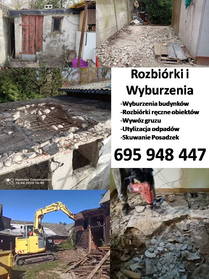 Kompozycja zdjęć z rozbiórki: budynek przed, gruzowisko, wyburzanie koparką, skuwanie posadzki. Usługi rozbiórkowe i wyburzeniowe, numer telefonu.