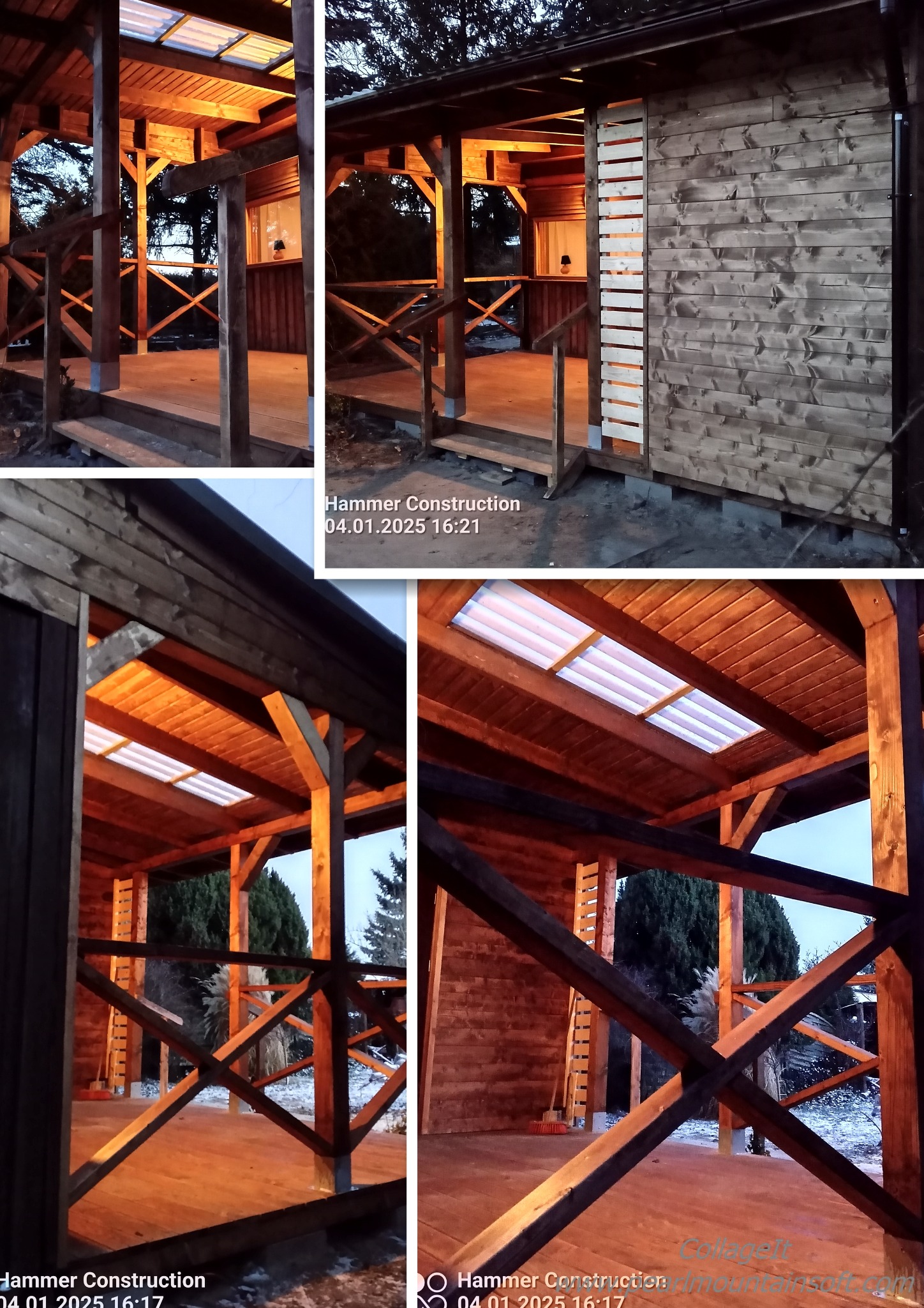 Drewniana altana z podświetlanym dachem z poliwęglanu, widoczna z zewnątrz i od wewnątrz. Elementy konstrukcyjne z belek krzyżowych. Częściowo zabudowana ścianą z desek.