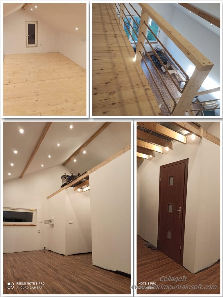 Jasne poddasze z drewnianą podłogą i schodami. Widoczne oświetlenie punktowe i drewniane elementy konstrukcyjne. Ujęcie z różnych perspektyw w formie kolażu.