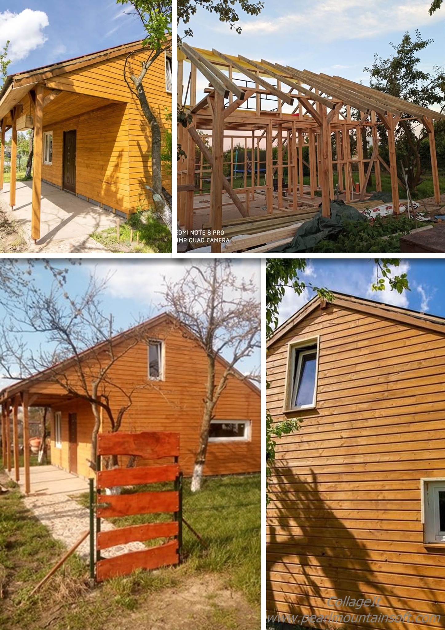 Kolaż zdjęć drewnianego domu: szkielet konstrukcji, gotowa elewacja z desek, widok z ogrodu z drewnianym płotem. Jasne, naturalne drewno, błękitne niebo.