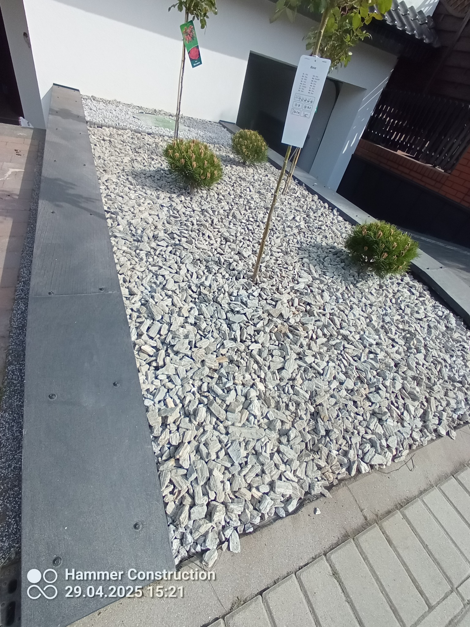 Ogród z kamieniami i roślinami ozdobnymi w Słupcy. Szare kamienie, niskie krzewy i młode drzewka tworzą minimalistyczny, nowoczesny wygląd.